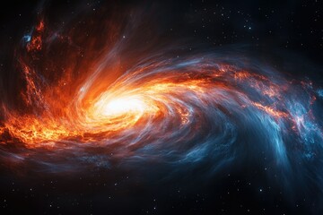 fiery cosmic swirl, a nebula of orange and blue hues in a starlit expanse.