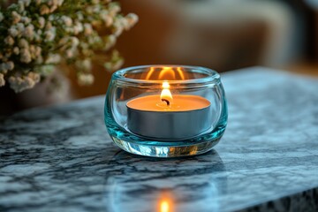 Wall Mural - Small tealight candle burning brightly in a glass container, placed on a marble surface, creating a warm and inviting atmosphere