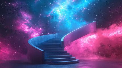 Wall Mural - 3d render arch stage with stairs in cosmic galaxy celestial color blue pink purple stars sky background backdrop photo product banner. Celestial Staircases. Illustration