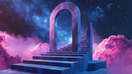 Wall Mural - 3d render arch stage with stairs in cosmic galaxy celestial color blue pink purple stars sky background backdrop photo product banner. Celestial Staircases. Illustration