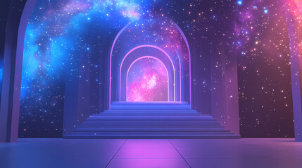 Wall Mural - 3d render arch stage with stairs in cosmic galaxy celestial sky color blue pink purple stars background backdrop photo product banner. Celestial Staircases. Illustration