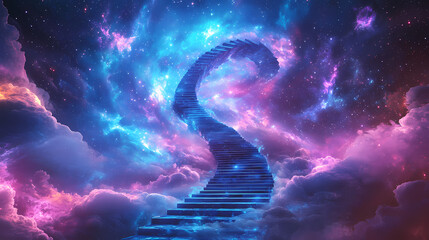 Wall Mural - 3d render arch stage with stairs in cosmic galaxy celestial color blue pink purple stars sky background backdrop photo product banner. Celestial Staircases. Illustration