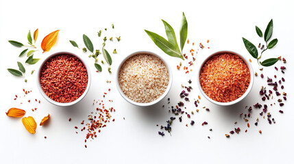 Wall Mural - Red rice in a white bowl bundle, side and top view, isolated on a white background.