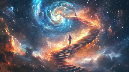 Wall Mural - celestial spiral staircase to a luminous heaven. cosmic stairs in a nebula filled galaxy. light star