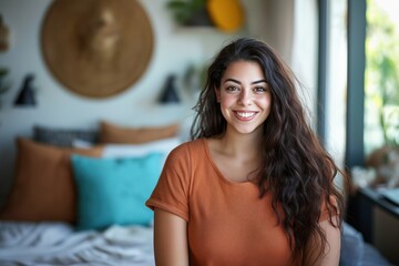 Smiling woman in cozy apartment engaged with laptop, showcasing casual professionalism and comfort in relaxed home setting