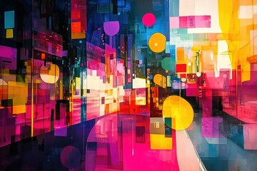 Aufkleber - Vibrant abstract cityscape, layered geometric shapes and bold colors create a dynamic and energetic visual experience.