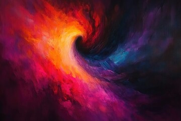 Poster - Abstract swirling vortex of vibrant hues, fiery oranges merging into deep purples and blues, creating a cosmic, energetic scene.