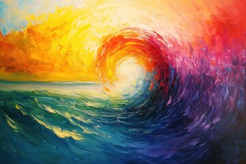 Poster - Vibrant abstract painting depicting a swirling ocean wave at sunset, bursting with color and energy.