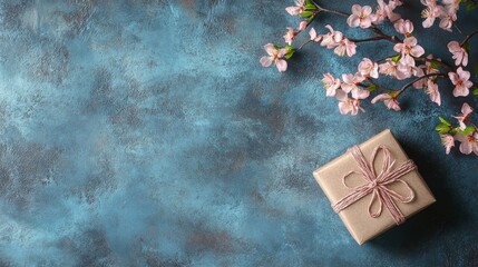 Wall Mural - Beautiful spring background with pink flowers and a gift box on a blue table, top view. Flat lay composition. 