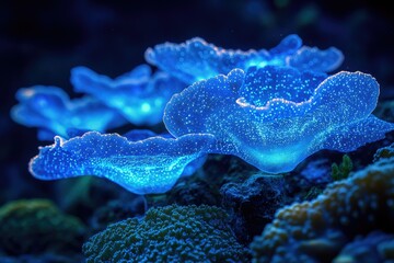 Wall Mural - Bioluminescent underwater creatures glow with vibrant blue light in a dark ocean environment.