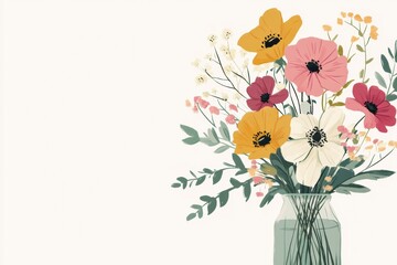Aufkleber - Colorful bouquet of flowers displayed in a glass vase on a light background during spring season. Generative AI