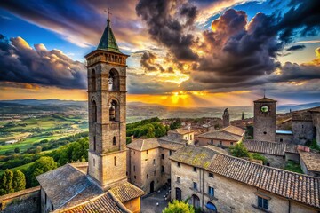 Wall Mural - Panoramic View of Viterbo's Tower Bell against a Dramatic Italian Sky