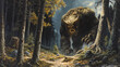 © Thiago - The awakening of the forest behemoth: a nightmarish encounter in a haunted wilderness. Colossus Awakening. Illustration