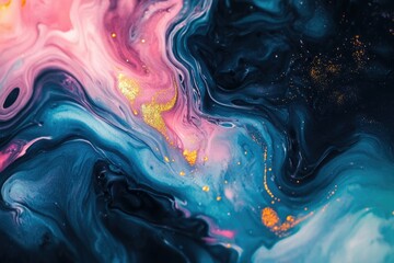 Wall Mural - Abstract art featuring swirling blue, pink, and gold paint creating a mesmerizing, cosmic effect.