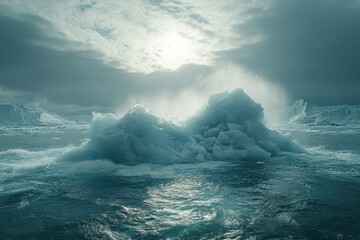 Fototapete - A majestic iceberg floats in icy waters, sunlight illuminating the scene amidst dramatic clouds.