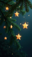 Wall Mural - Gleaming gold stars hang on dark evergreen boughs , tree, magical, christmas tree