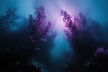 Wall Mural - Ethereal underwater scene with purple-hued kelp forest bathed in soft light, creating a mystical ambiance.