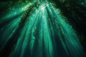 Wall Mural - Sunbeams illuminate an underwater kelp forest, creating a mystical, ethereal scene.