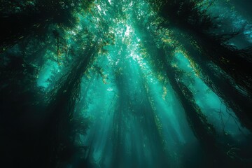 Wall Mural - Sunbeams illuminate a kelp forest, creating an ethereal underwater scene resembling a magical, green forest.