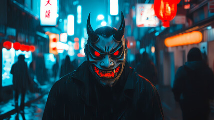 Enigmatic figure in ornate japanese oni mask haunting smile cinematic urban alleyway neon lights rainslicked streets cyberpunk aesthetic. Haunted Neon Streets. Illustration