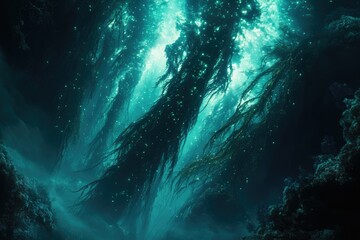 Wall Mural - Enchanted underwater kelp forest glowing with bioluminescent particles, creating a magical, ethereal scene.