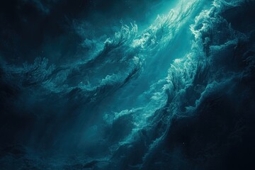 Wall Mural - Ethereal underwater scene with vibrant teal hues, resembling otherworldly coral formations illuminated from above.