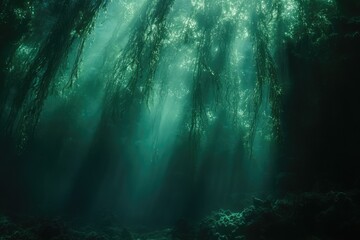 Wall Mural - Sunbeams penetrate a dark underwater kelp forest, creating an ethereal, mystical scene.