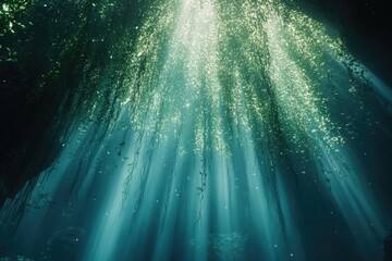 Wall Mural - Sunbeams illuminate an underwater cavern, ethereal green aquatic plants hang from the ceiling creating a magical scene.