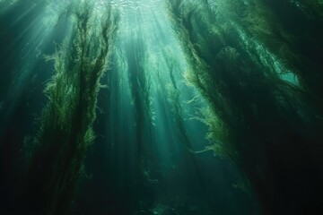 Wall Mural - Sunbeams illuminate a lush underwater kelp forest, creating a mystical and serene aquatic scene.