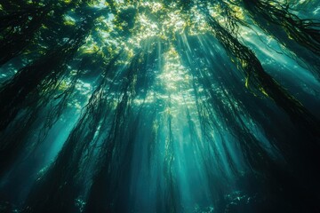 Wall Mural - Sunbeams illuminate a dense kelp forest, creating a magical underwater scene.