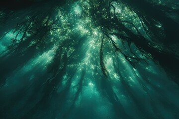 Wall Mural - Sunbeams pierce through an underwater kelp forest, creating a magical, ethereal scene.