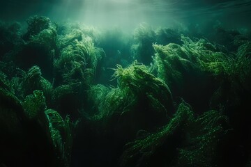 Wall Mural - Submerged aquatic plants form ethereal underwater landscape, illuminated by sunlight filtering through the water.