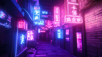 Wall Mural - A calm urban alleyway with gently glowing neon advertisements. cozy vibe, generative ai. Haunted Neon Streets. Illustration