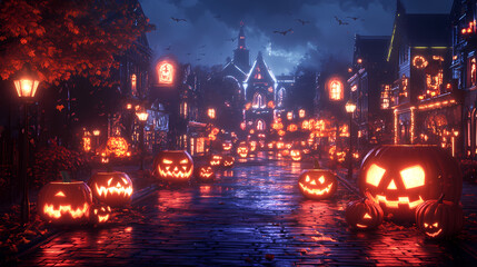 Wall Mural - A dark, spooky street scene illuminated by eerie neon lights and carved pumpkins, perfect for halloween-themed projects. Haunted Neon Streets. Illustration