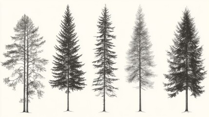 Six evergreen trees, nature illustration, isolated, design element