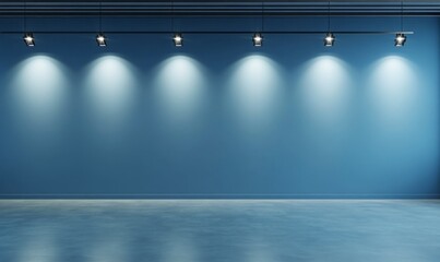 Wall Mural - Blue virtual studio background, simple and clean, with LED lights on the top of the wall, creating an indoor environment for product display.