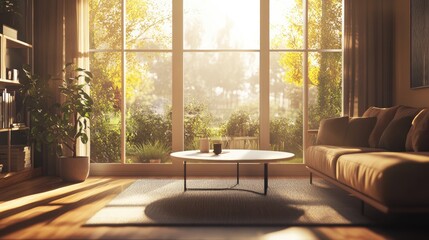 Modern sunlit living room with cozy furnishings, a round white table, and sleek black legs, creating a stylish home caf atmosphere.