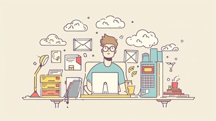Cartoon Character Database Designer Working Illustration
