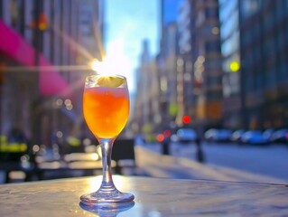 Glass of refreshing lemonade with lemon slice sits on table on outdoor patio of cafe or restaurant in bustling city street during sunset in spring, offering cool respite from urban heat