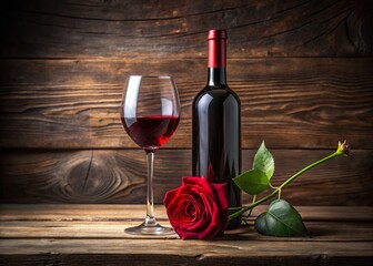 Wall Mural - Romantic Still Life: Rose and Wine Bottle, Elegant Table Setting, Red Wine