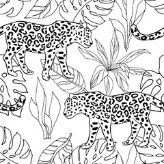 Wall Mural - Tropical leopard animal, palm leaves, white background. Vector seamless pattern. Graphic line illustration. Exotic jungle. Summer floral design. Paradise nature