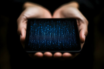 Hands holding tablet with digital code