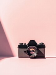 Aufkleber - Vintage camera positioned on soft pink background showcasing its classic design and lens details in natural light. Generative AI