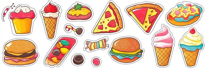 Leinwandbilder - Colorful playful food stickers featuring pizza slices, burgers, ice cream cones, and sweets for creative projects. Generative AI