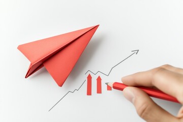 Leinwandbilder - Red paper plane symbolizing innovation and business strategy with a rising graph on white background. Generative AI