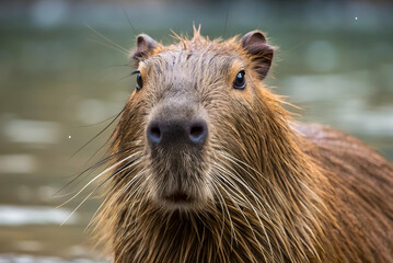 close-up portrait of a chigüire with wet brown fur looking directly at the camera in a detailed wild
