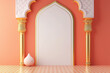 © iamfrk7 - Elegant Islamic archway with intricate golden detailing, white columns, and a warm-toned background, representing traditional Arabic architecture, spiritual ambiance, and cultural heritage for Ramadan