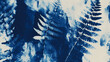 © Thiago - Cyanotype sun print on textured watercolor paper, deep blues and whites, style alternative. fern leaves, creating a mesmerizing blue and white abstract background. Aether-Filled Caverns. Illustration