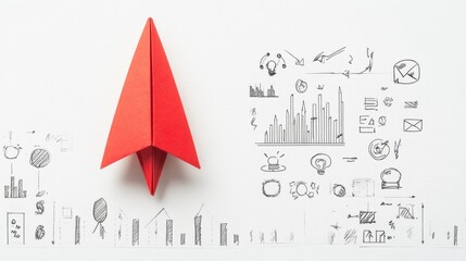 Aufkleber - Red paper plane symbolizes business strategy with innovative concepts on a white canvas highlighting success and solutions. Generative AI