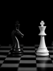 Black and White King and Knight of chess setup on dark background . Leader and teamwork concept for success. Chess concept save the king and save the strategy.